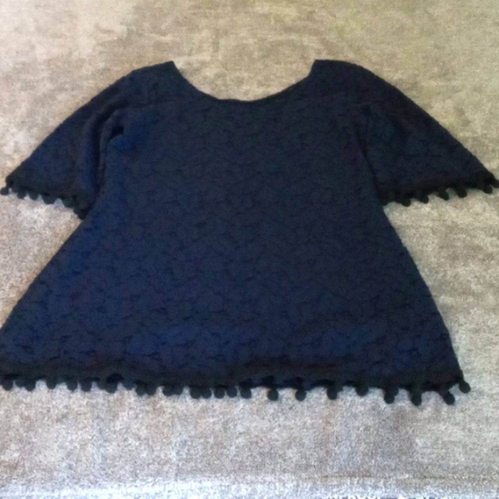 Sara Campbell navy lace dress with black pom pom trim